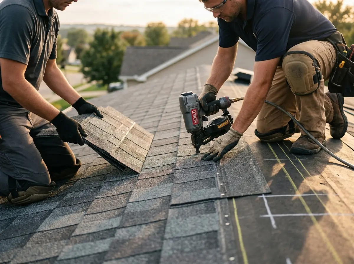Professional roofer working on a residential roof in Boonton